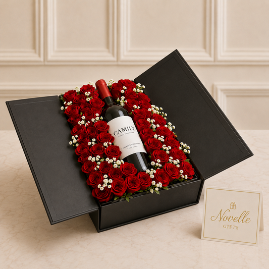 A black gift Box with a bottle of wine surrounded by red roses and card