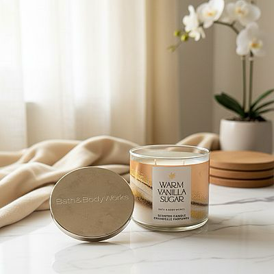 Bath & Body Works Warm Vanilla Sugar candle on a marble surface with a plant in the background
