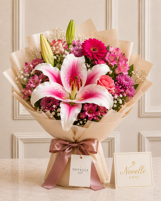 Bouquet of flowers with pink lilies, roses and other flowers, wrapped in brown paper with a pink ribbon and card.