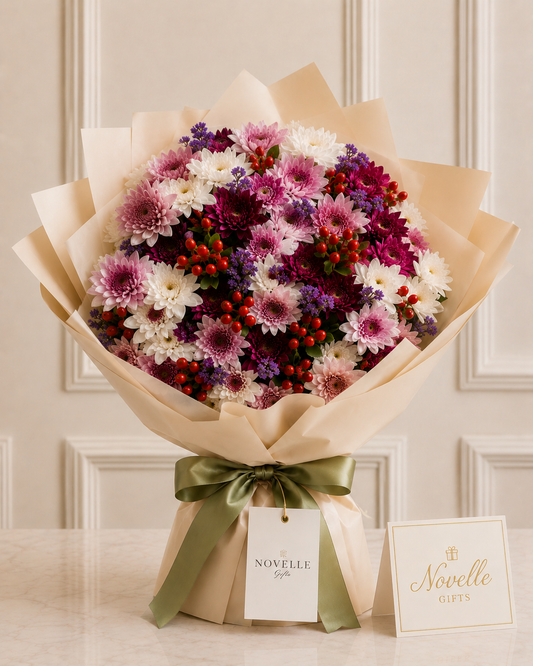 Bouquet of flowers wrapped in brown paper with a green ribbon, featuring a 'Novelle' tag and card 