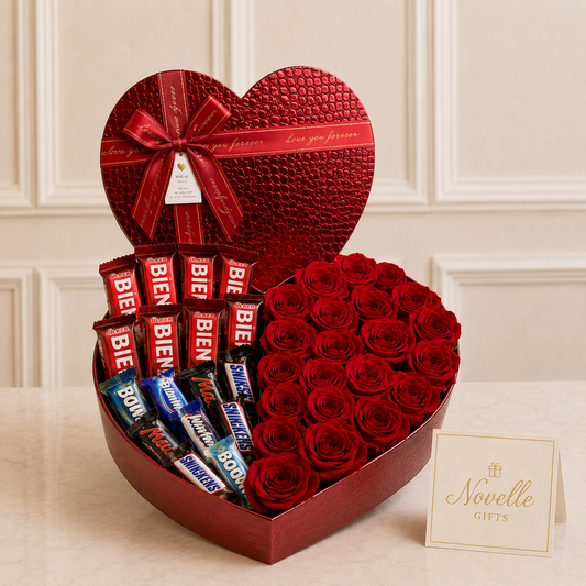 Heart-shaped gift box with red roses and chocolate bars, card