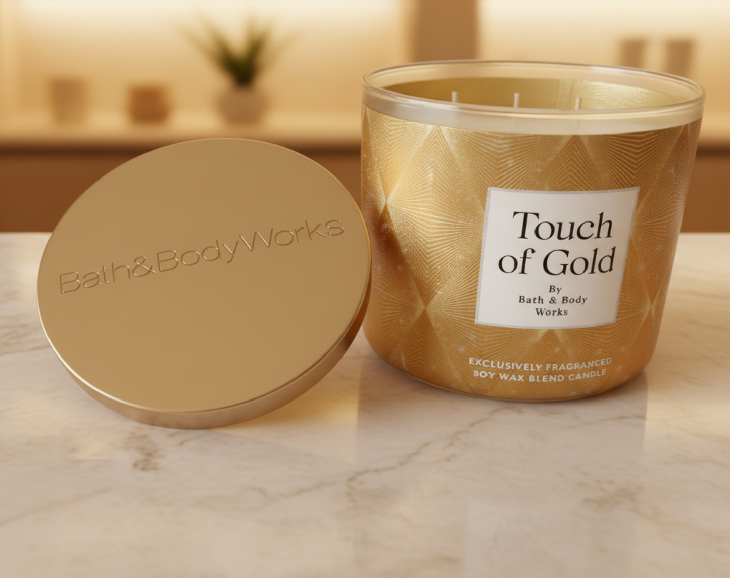 Bath & Body Works candle labeled 'Touch of Gold'